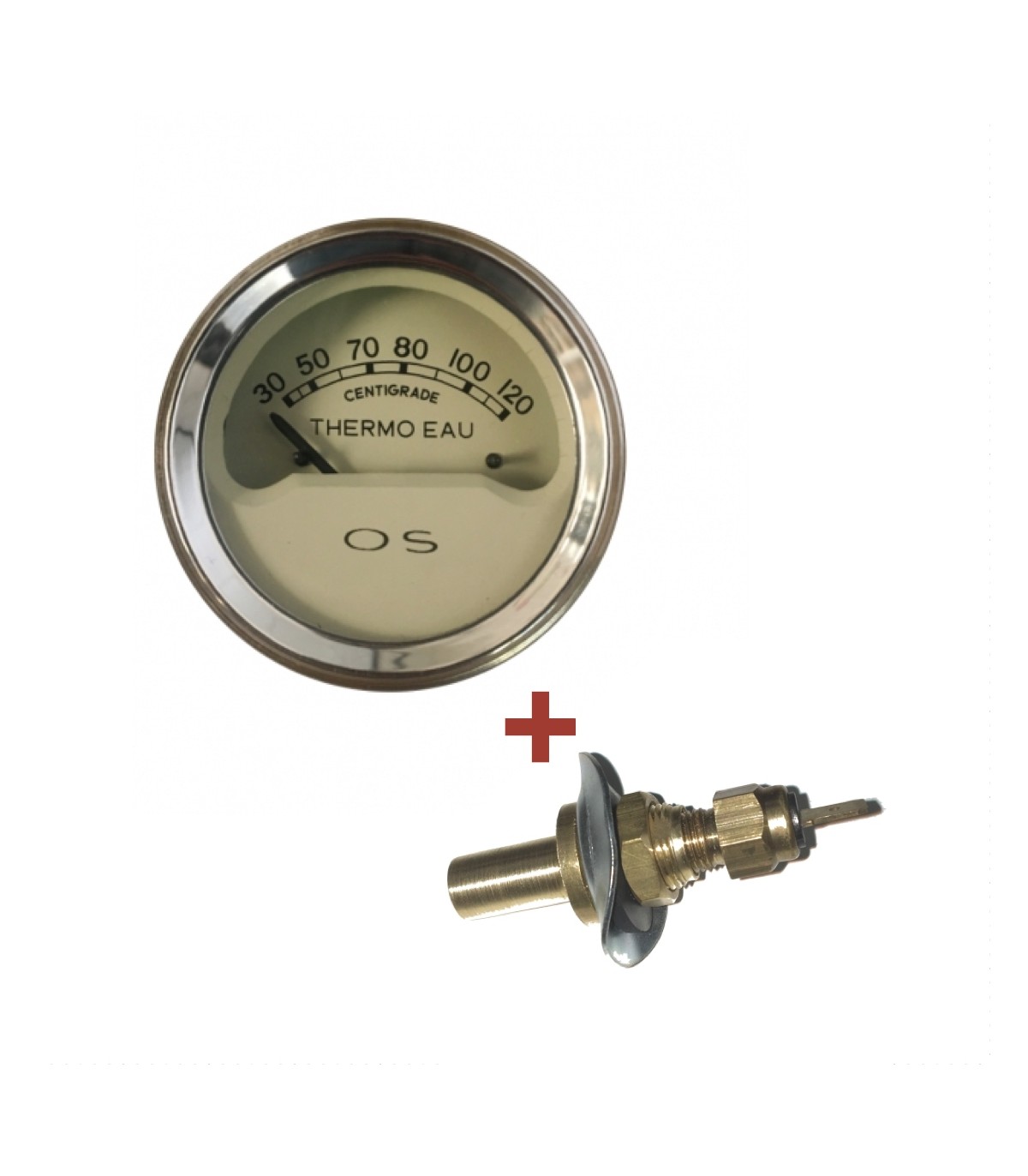 Manomètre de température d'eau électrique OS - Diamètre 52 mm - fond beige  - en 12v - avec sonde sur durite