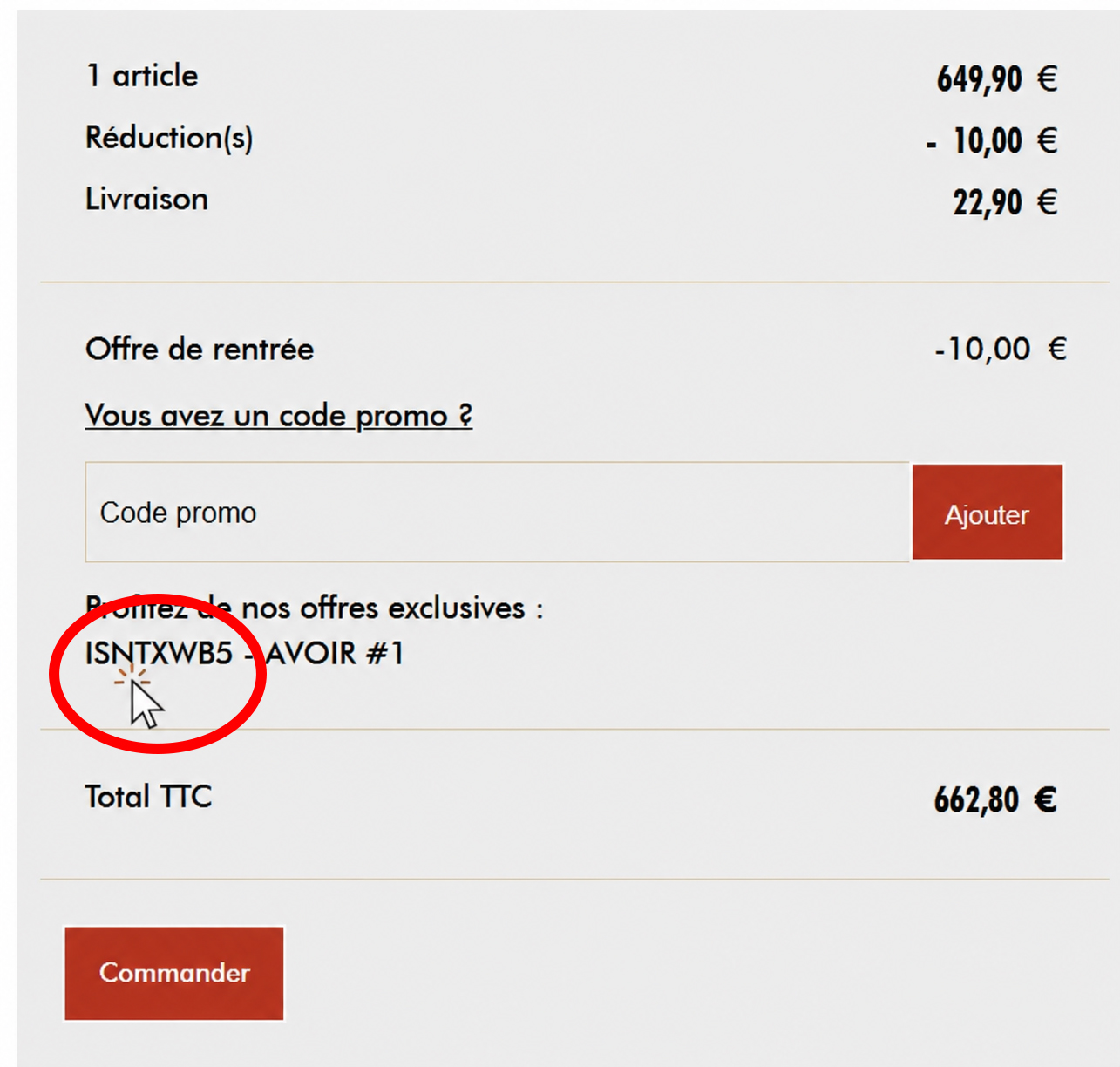 Souris cliquant directement sur le code de l’avoir