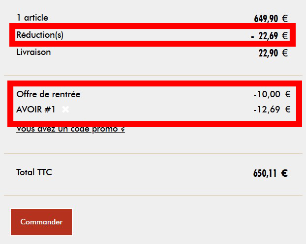 Avoirs déduits et nouveau total
