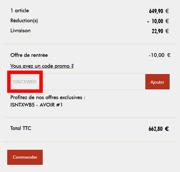 Code affiché en gris dans la case Code promo et bouton rouge Ajouter