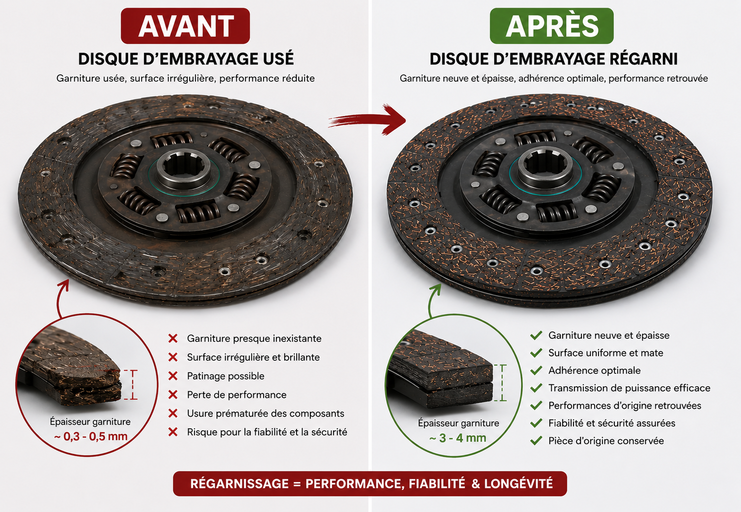 Avant après regarnissage de disque d'embrayage