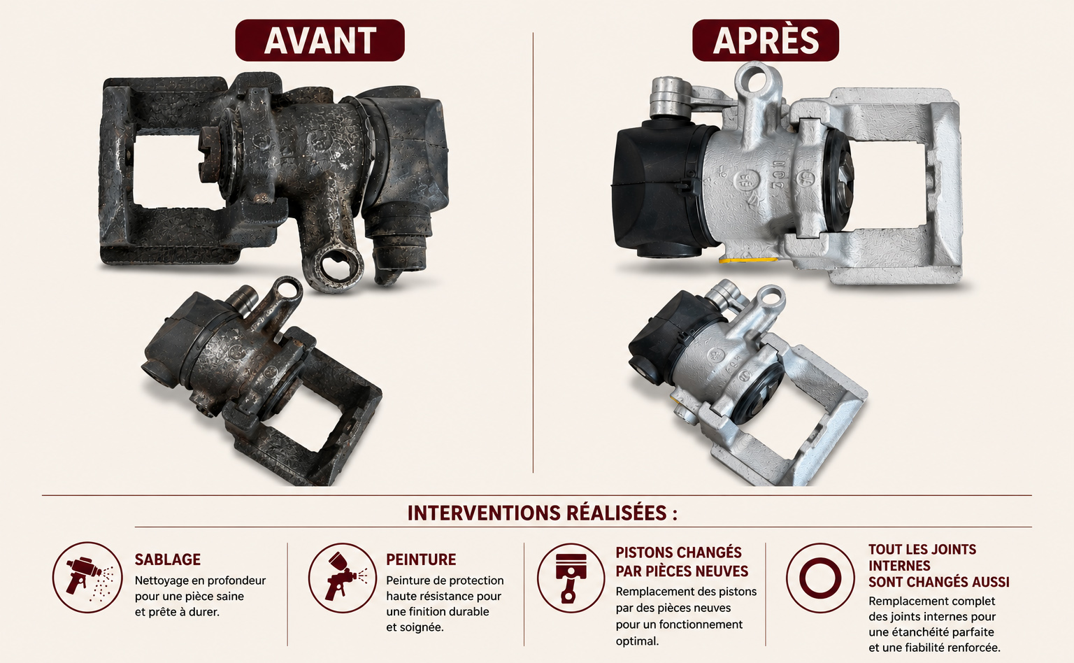 Avant après rénovation d'étrier de frein
